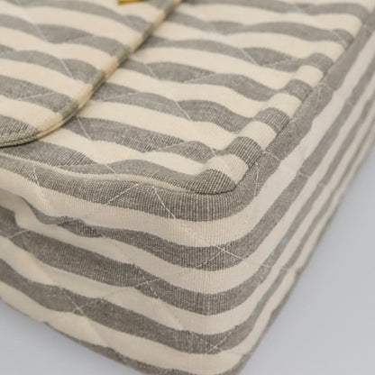 CHANEL Striped Matelasse Chain Shoulder Bag Canvas White Gray CC 110304A
