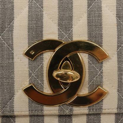 CHANEL Striped Matelasse Chain Shoulder Bag Canvas White Gray CC 110304A