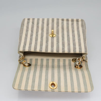 CHANEL Striped Matelasse Chain Shoulder Bag Canvas White Gray CC 110304A