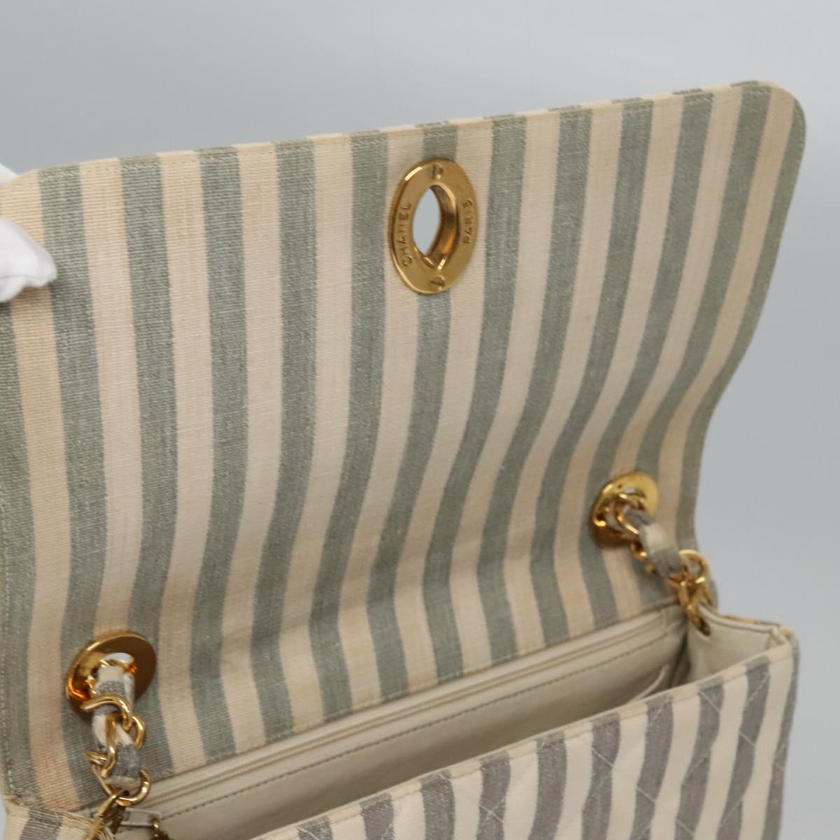 CHANEL Striped Matelasse Chain Shoulder Bag Canvas White Gray CC 110304A
