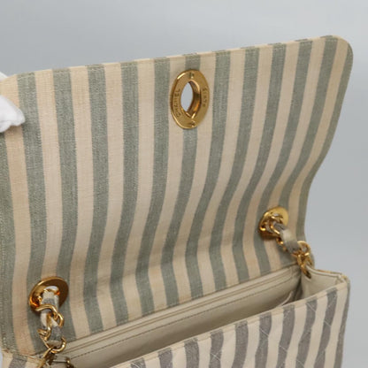 CHANEL Striped Matelasse Chain Shoulder Bag Canvas White Gray CC 110304A