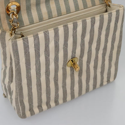 CHANEL Striped Matelasse Chain Shoulder Bag Canvas White Gray CC 110304A