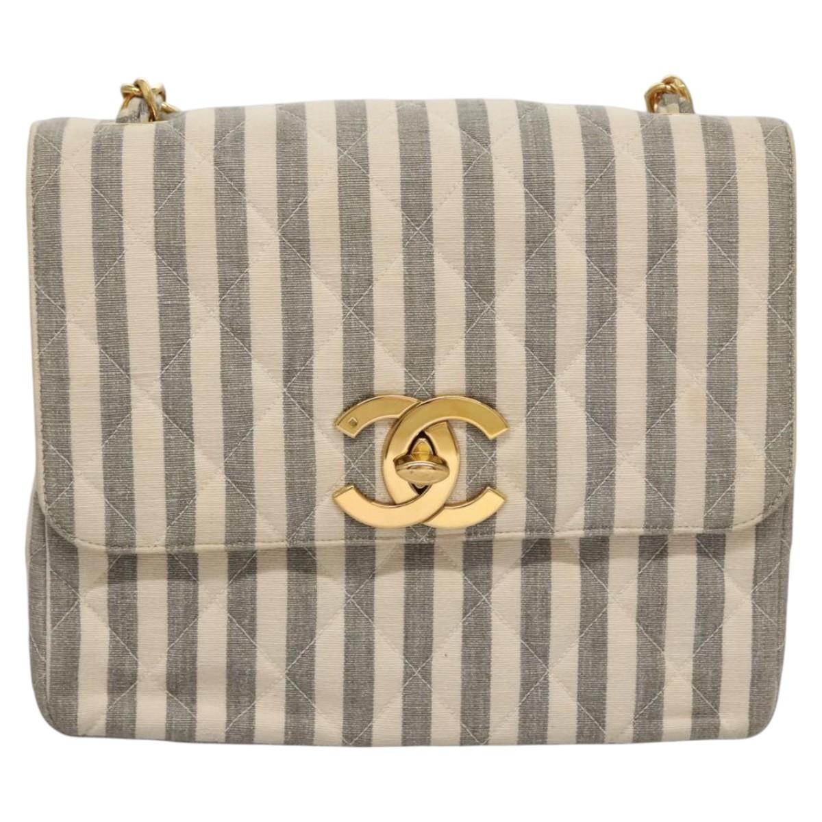 CHANEL Striped Matelasse Chain Shoulder Bag Canvas White Gray CC 110304A