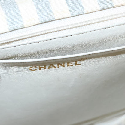 CHANEL Striped Matelasse Chain Shoulder Bag Canvas White Gray CC 110304A