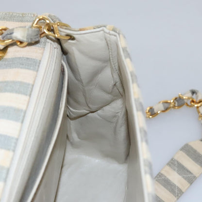 CHANEL Striped Matelasse Chain Shoulder Bag Canvas White Gray CC 110304A