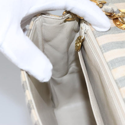 CHANEL Striped Matelasse Chain Shoulder Bag Canvas White Gray CC 110304A