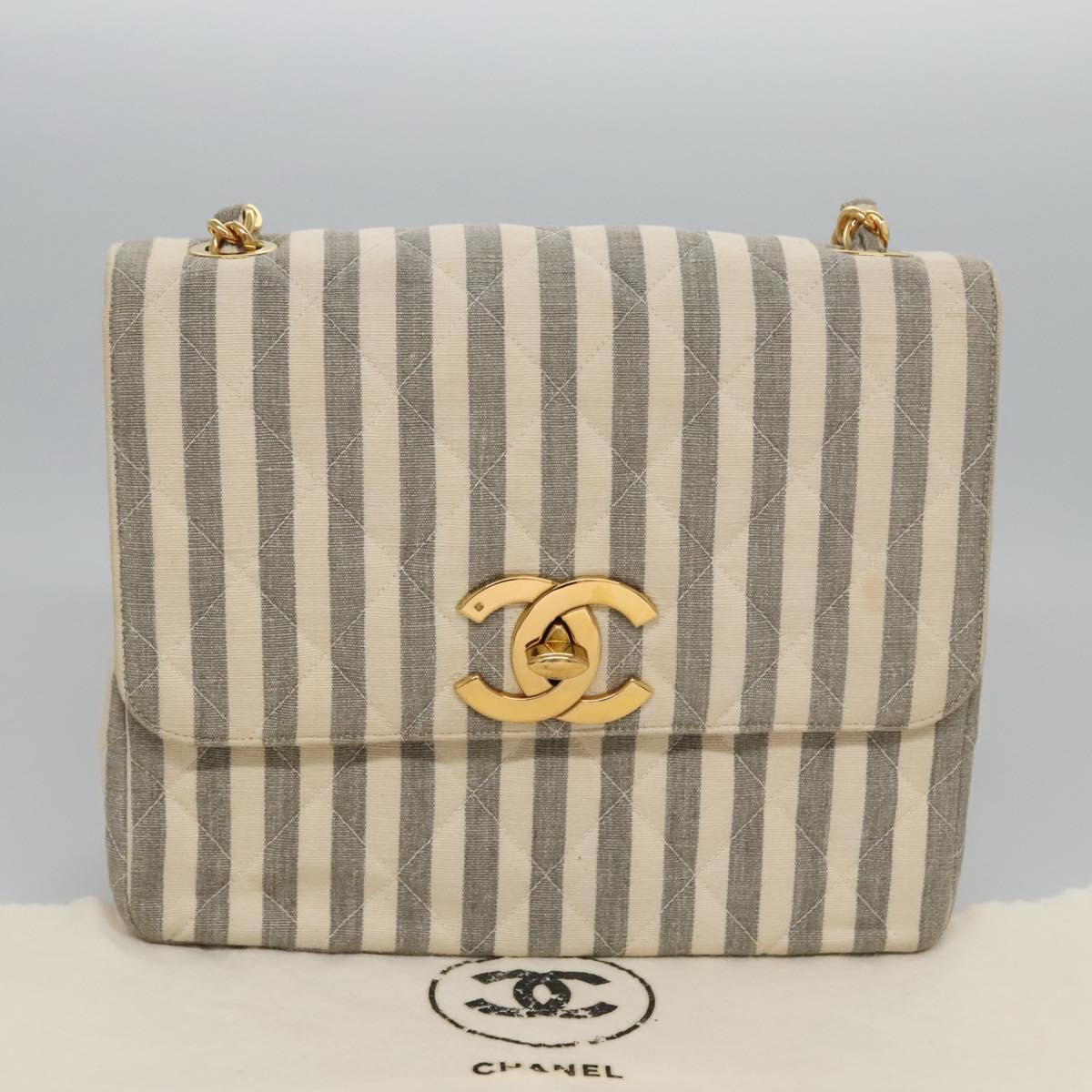 CHANEL Striped Matelasse Chain Shoulder Bag Canvas White Gray CC 110304A