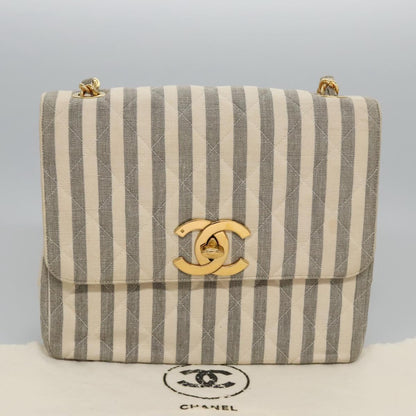 CHANEL Striped Matelasse Chain Shoulder Bag Canvas White Gray CC 110304A