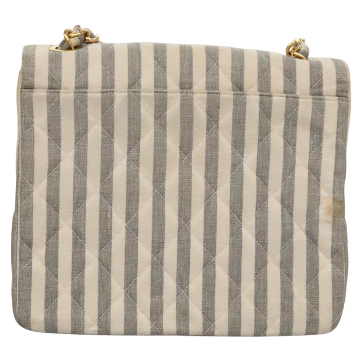 CHANEL Striped Matelasse Chain Shoulder Bag Canvas White Gray CC 110304A