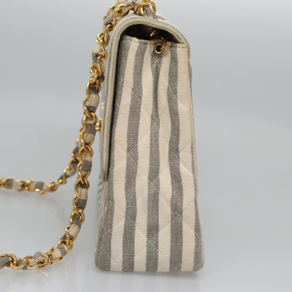 CHANEL Striped Matelasse Chain Shoulder Bag Canvas White Gray CC 110304A