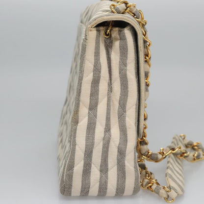 CHANEL Striped Matelasse Chain Shoulder Bag Canvas White Gray CC 110304A