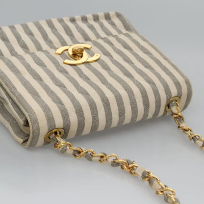 CHANEL Striped Matelasse Chain Shoulder Bag Canvas White Gray CC 110304A