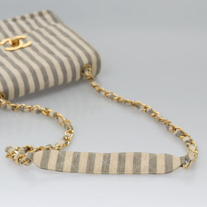 CHANEL Striped Matelasse Chain Shoulder Bag Canvas White Gray CC 110304A