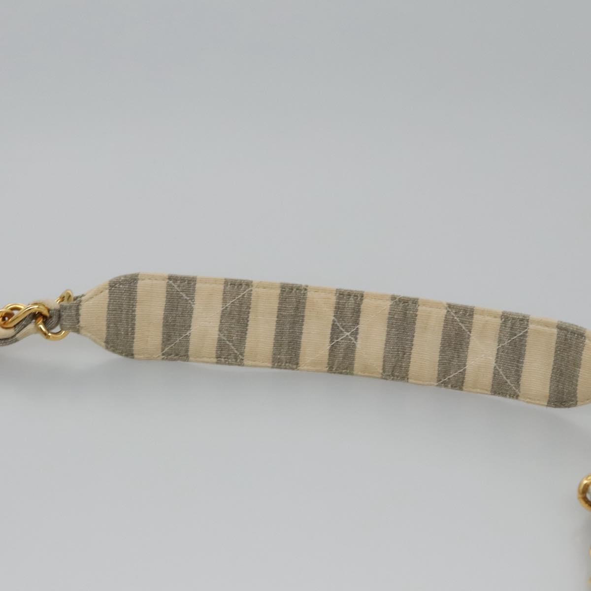 CHANEL Striped Matelasse Chain Shoulder Bag Canvas White Gray CC 110304A