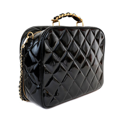 Chanel Black Patent Leather Vintage Bag with Gold Top Handle