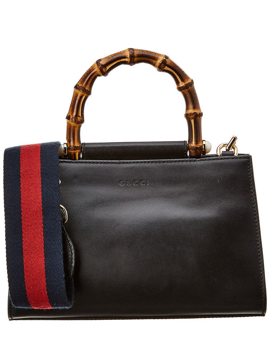 Gucci Black Leather Bamboo Nymphaea Bag