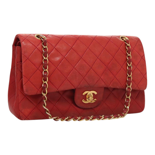CHANEL Matelasse Chain Shoulder Bag Lamb Skin Red Gold CC 111383