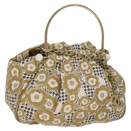 CHANEL Camelia Hoop Hand Bag Canvas Beige CC 111526