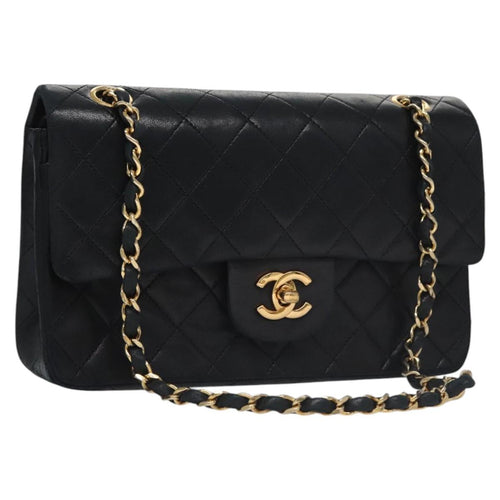 CHANEL Matelasse 25 Double Flap Chain Bag Lamb Skin Black Gold CC 111947A
