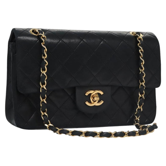 CHANEL Matelasse 25 Double Flap Chain Bag Lamb Skin Black Gold CC 111947A