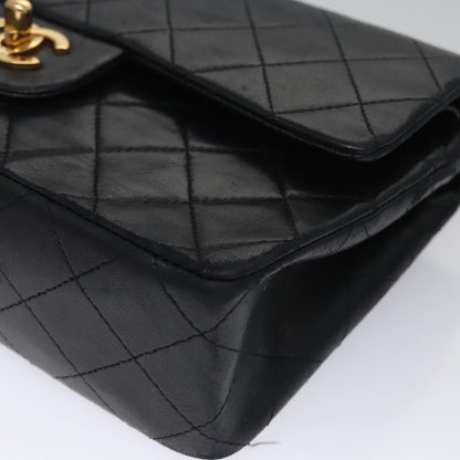 CHANEL Matelasse 25 Double Flap Chain Bag Lamb Skin Black Gold CC 111947A