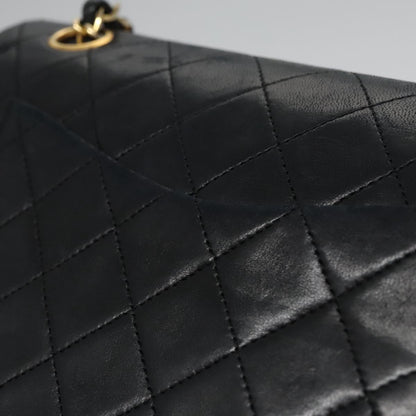 CHANEL Matelasse 25 Double Flap Chain Bag Lamb Skin Black Gold CC 111947A