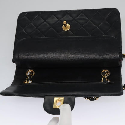 CHANEL Matelasse 25 Double Flap Chain Bag Lamb Skin Black Gold CC 111947A