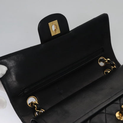 CHANEL Matelasse 25 Double Flap Chain Bag Lamb Skin Black Gold CC 111947A