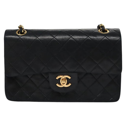 CHANEL Matelasse 25 Double Flap Chain Bag Lamb Skin Black Gold CC 111947A