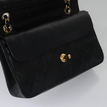 CHANEL Matelasse 25 Double Flap Chain Bag Lamb Skin Black Gold CC 111947A
