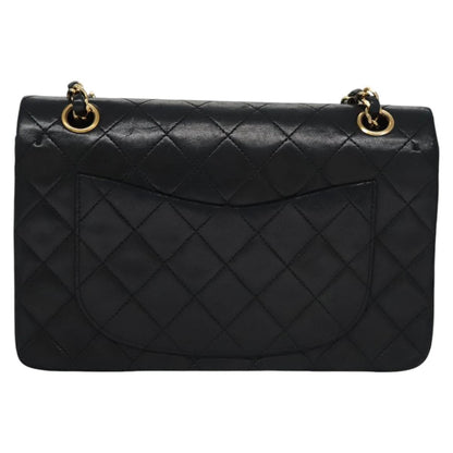 CHANEL Matelasse 25 Double Flap Chain Bag Lamb Skin Black Gold CC 111947A