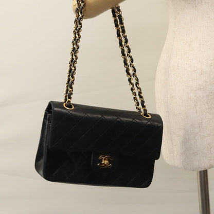 CHANEL Matelasse 25 Double Flap Chain Bag Lamb Skin Black Gold CC 111947A