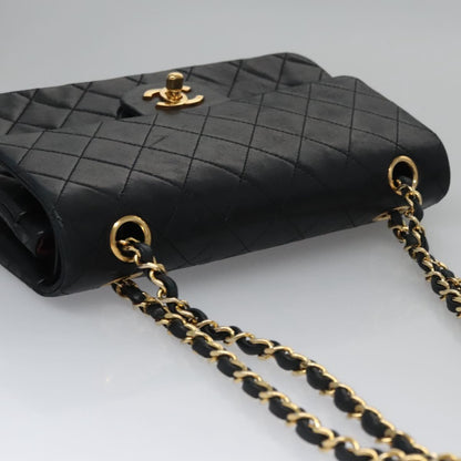 CHANEL Matelasse 25 Double Flap Chain Bag Lamb Skin Black Gold CC 111947A