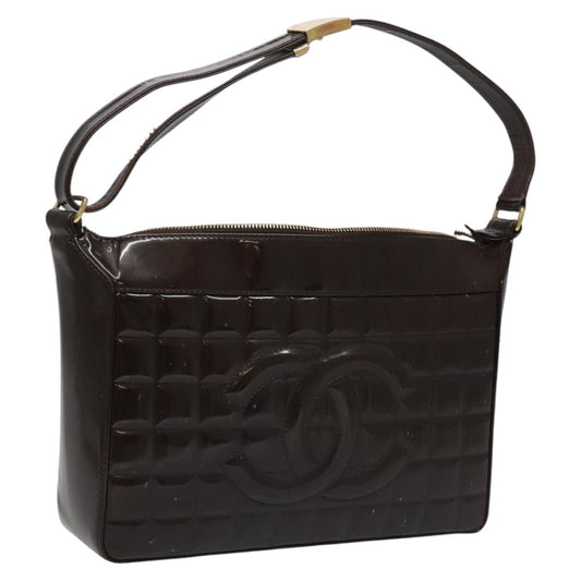 CHANEL Choco Bar Shoulder Bag Patent leather Brown CC 112054