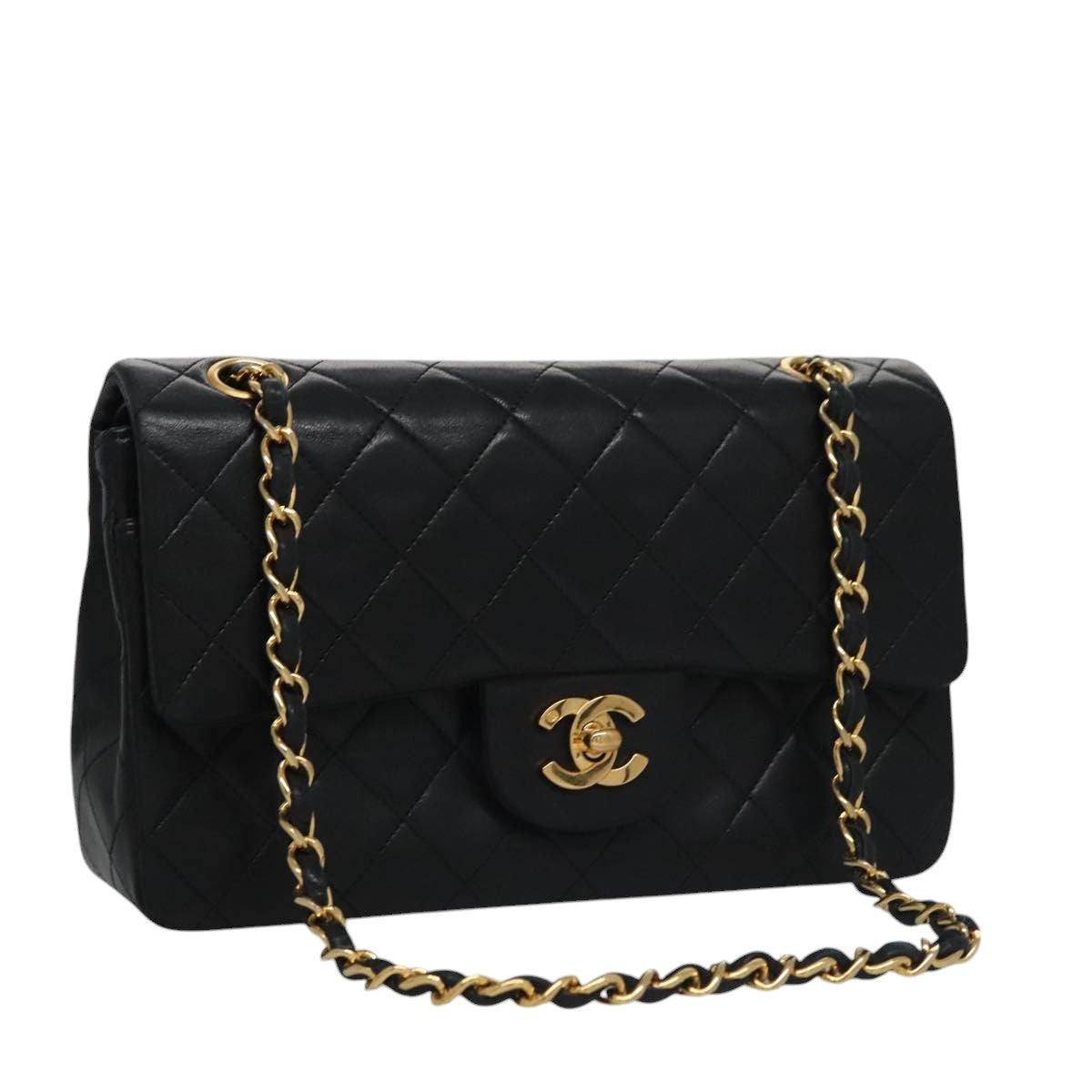 CHANEL Matelasse 23 Double Flap Chain Bag Lamb Skin Black Gold CC 112055
