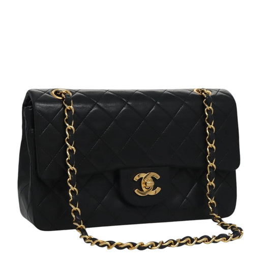 CHANEL Matelasse 23 Double Flap Chain Bag Lamb Skin Black Gold CC 112055
