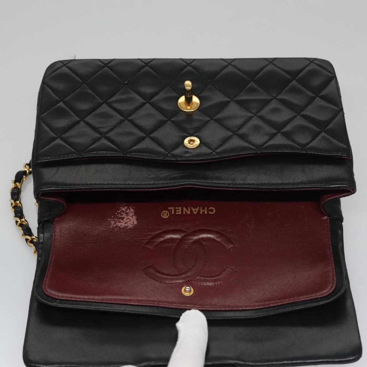 CHANEL Matelasse 23 Double Flap Chain Bag Lamb Skin Black Gold CC 112055