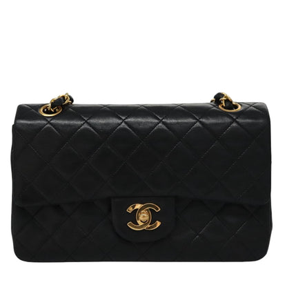 CHANEL Matelasse 23 Double Flap Chain Bag Lamb Skin Black Gold CC 112055