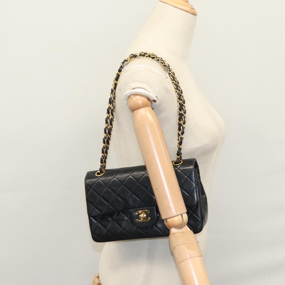 CHANEL Matelasse 23 Double Flap Chain Bag Lamb Skin Black Gold CC 112055