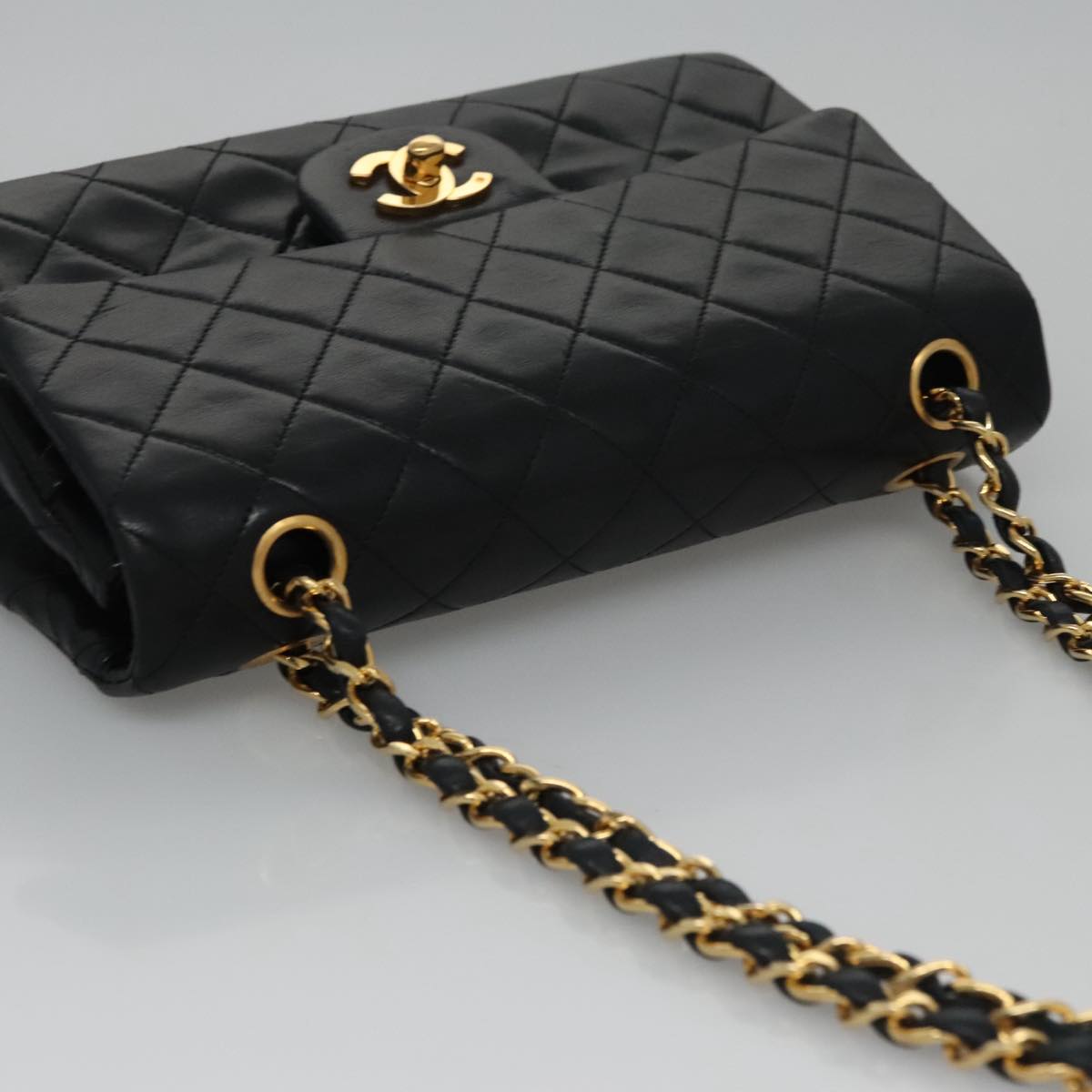CHANEL Matelasse 23 Double Flap Chain Bag Lamb Skin Black Gold CC 112055
