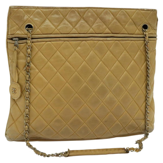 CHANEL Matelasse Chain Shoulder Bag Lamb Skin Beige CC 112263