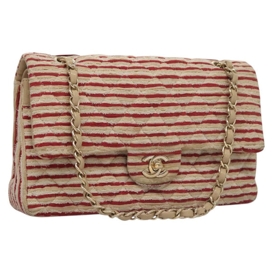 CHANEL Matelasse 25 Border Double Flap Chain Hand Cotton Red CC 112984A