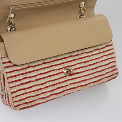 CHANEL Matelasse 25 Border Double Flap Chain Hand Cotton Red CC 112984A