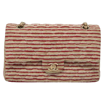 CHANEL Matelasse 25 Border Double Flap Chain Hand Cotton Red CC 112984A