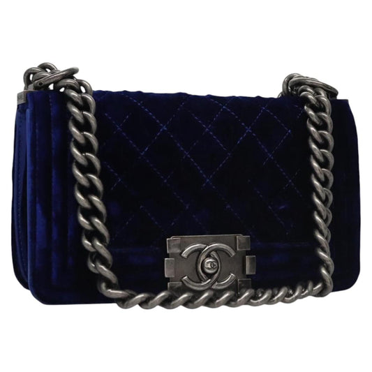 CHANEL Chain Boy Chanel Shoulder Bag Velor Blue CC 113273