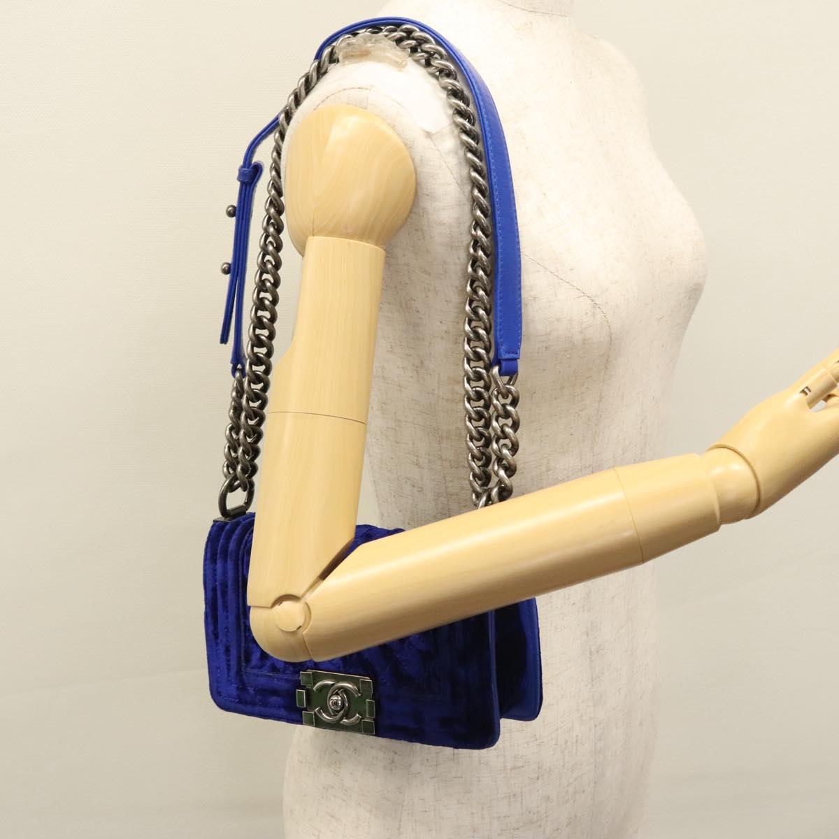 CHANEL Chain Boy Chanel Shoulder Bag Velor Blue CC 113273