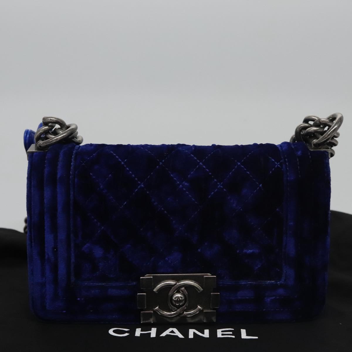 CHANEL Chain Boy Chanel Shoulder Bag Velor Blue CC 113273