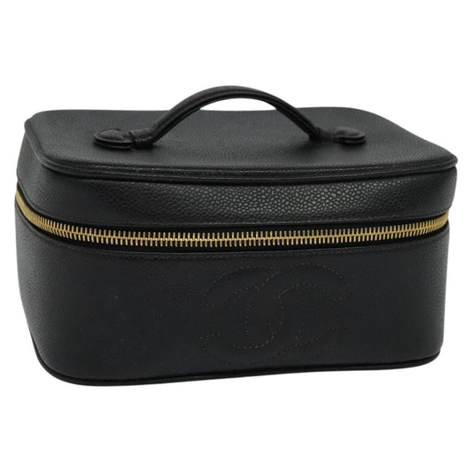 CHANEL Vanity Cosmetic Pouch Caviar Skin Black Gold CC 113790