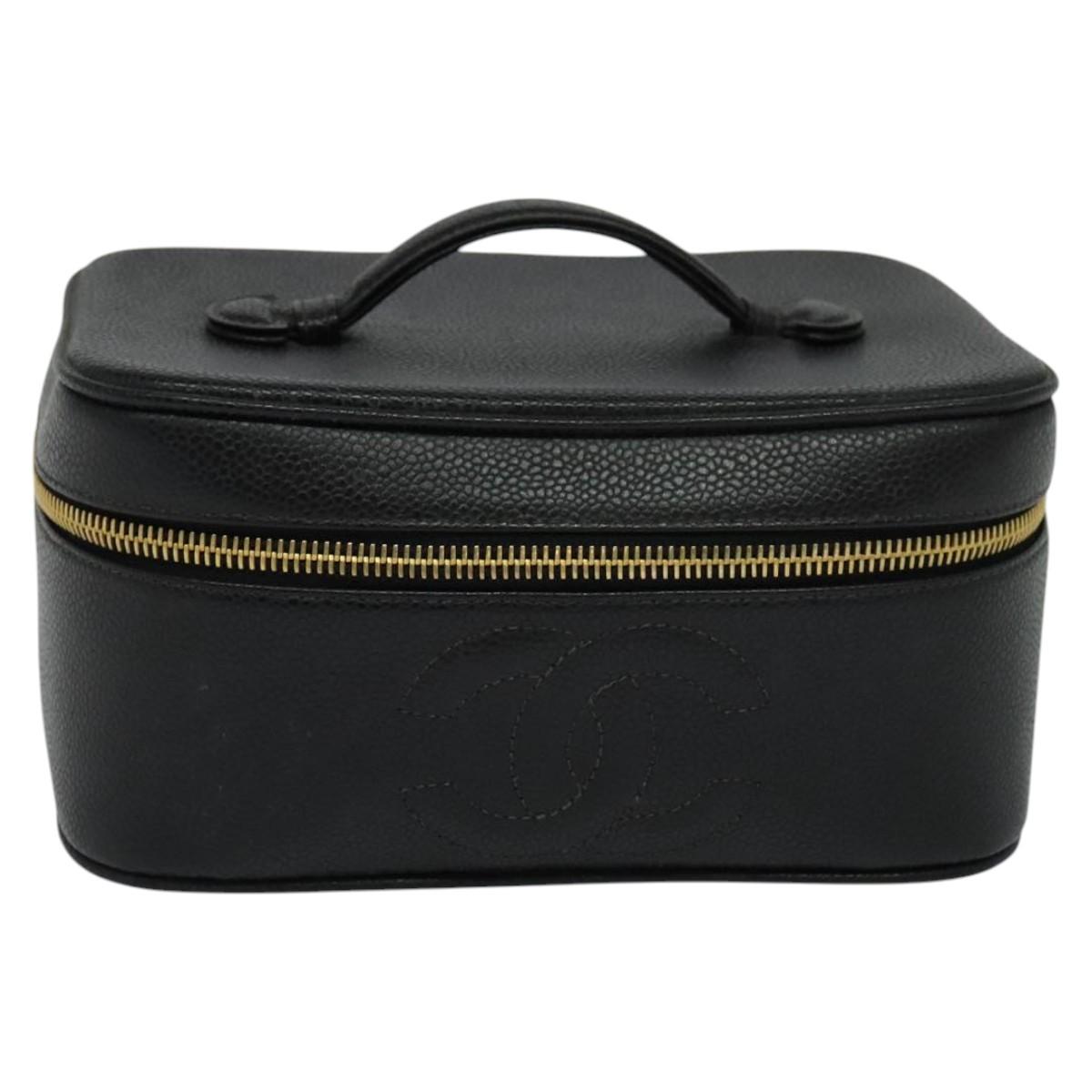 CHANEL Vanity Cosmetic Pouch Caviar Skin Black Gold CC 113790