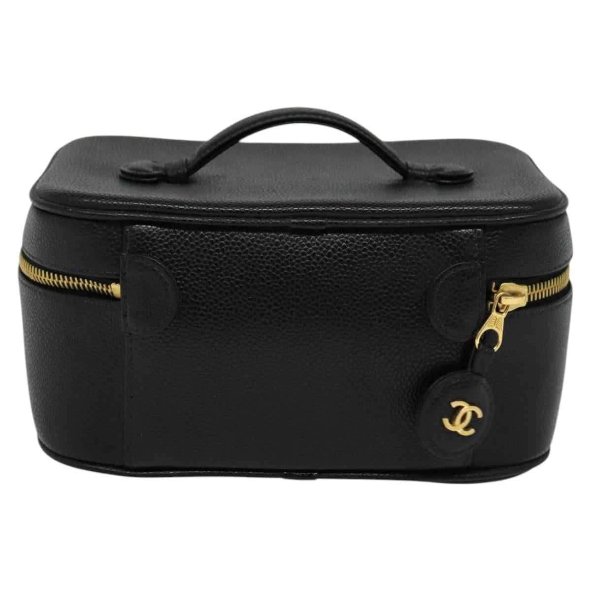 CHANEL Vanity Cosmetic Pouch Caviar Skin Black Gold CC 113790